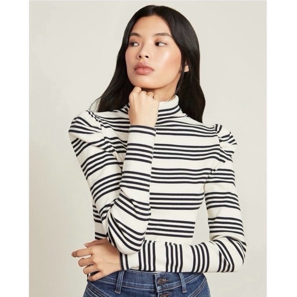 Veronica Beard Tops - Veronica Beard black cream striped puff sleeve turtleneck size L